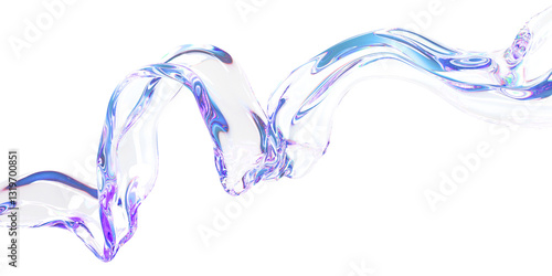 3d abstract liquid glass transparent clear ribbon water wave line render. Iridescent fluid flow curve shape with holographic gradient texture, dispersion light, flying design element