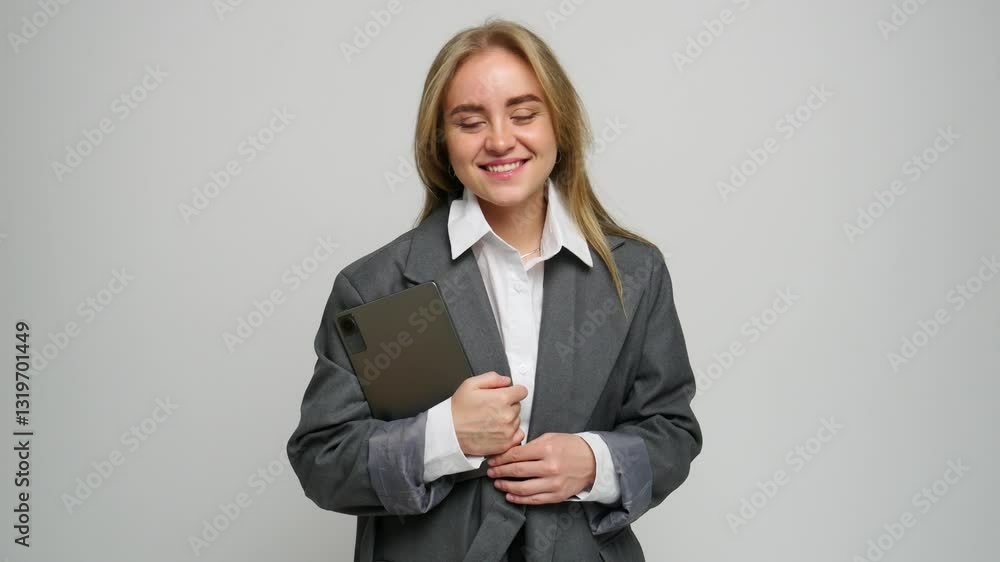 Young professional with a tablet poses confidently in stylish attire and a friendly smile. Young professional with a tablet poses confidently in stylish attire and a friendly smile.