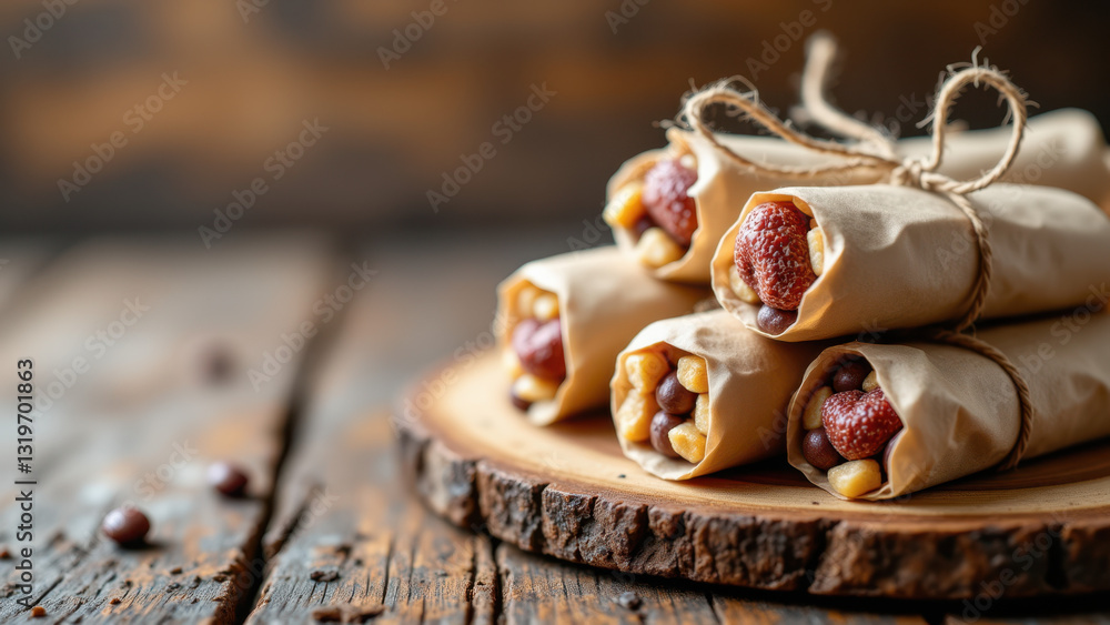 A stack of artisanal dye-free candies in natural wrappers on a rustic wooden surface. A stack of artisanal dye-free candies in natural wrappers on a rustic wooden surface.