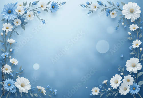 A blue background with white flowers in the center