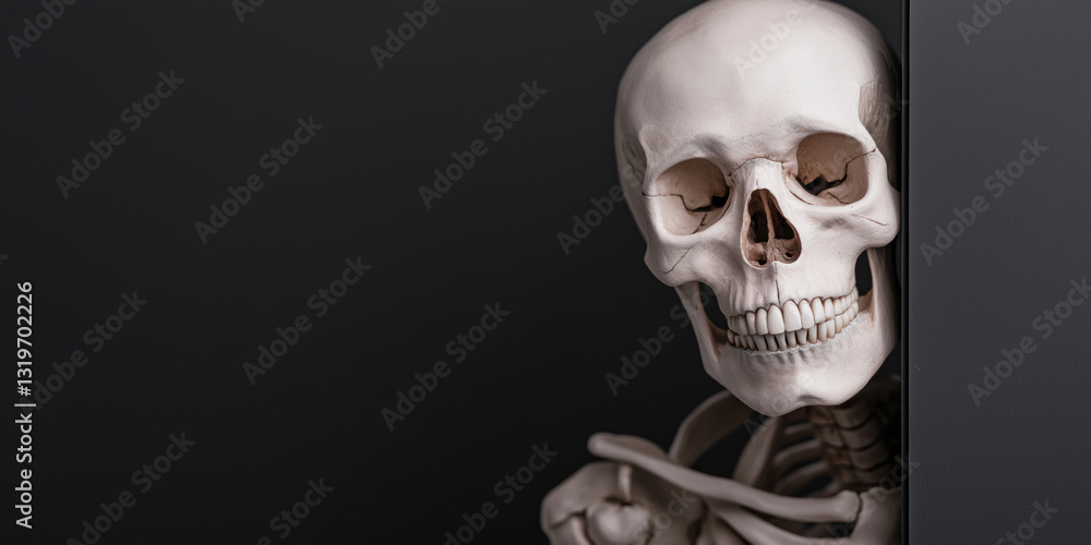 A skeleton is peeking out from behind a black background. The skeleton is looking at the camera, and the mood of the image is eerie and mysterious A skeleton is peeking out from behind a black background. The skeleton is looking at the camera, and the mood of the image is eerie and mysterious