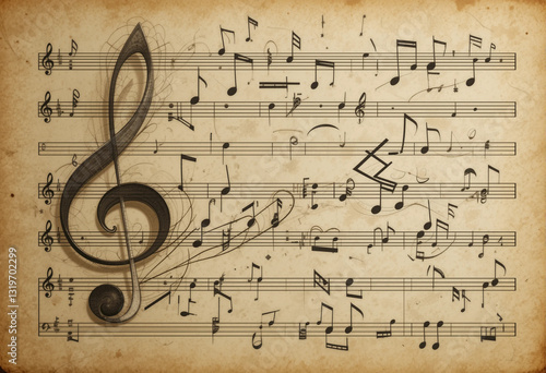 A sheet of music with a treble clef and a note on the left side