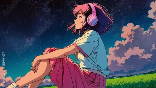 Lofi animation. Seamless loop. Girl listening music watching sky, anime girl lofi animation Assets were created with the help of an AI and then were manually modified and animated.