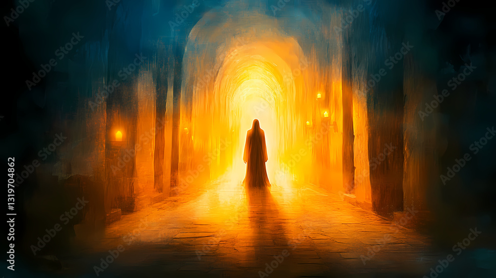 Ghostly figure standing in a candle-lit corridor of mystique. Ghostly Luminescence. Illustration Ghostly figure standing in a candle-lit corridor of mystique. Ghostly Luminescence. Illustration