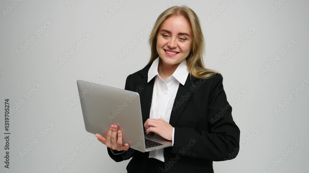 Young professional smiles while using laptop in minimalist office setting during work hours Young professional smiles while using laptop in minimalist office setting during work hours