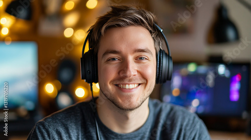 A self-portrait of a male content creator, streamer, or blogger, confidently wearing headphones in his studio with a happy smile, showcasing user-generated content