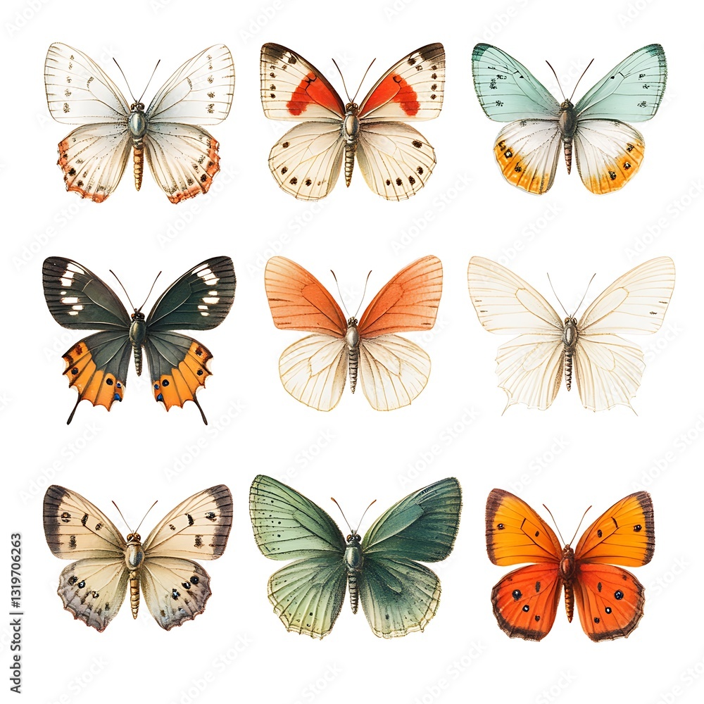 Butterfly Collection: Nine butterflies showcased with diverse patterns and colors, a captivating display of nature's artistry Butterfly Collection: Nine butterflies showcased with diverse patterns and colors, a captivating display of nature's artistry