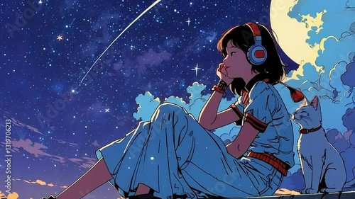 Lofi animation. Seamless loop. Girl listening music watching sky, anime girl lofi animation Assets were created with the help of an AI and then were manually modified and animated.