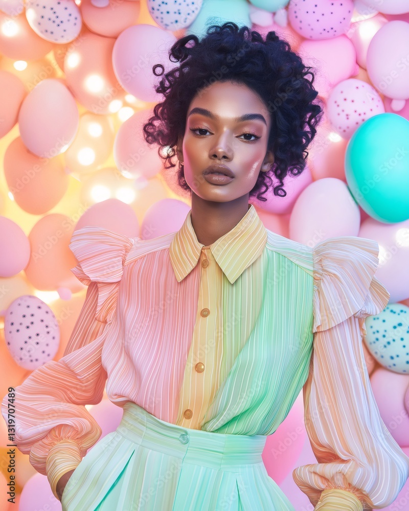 Fototapeta premium Fashion model posing with easter balloons and pastel colors. Generative ai illustrations