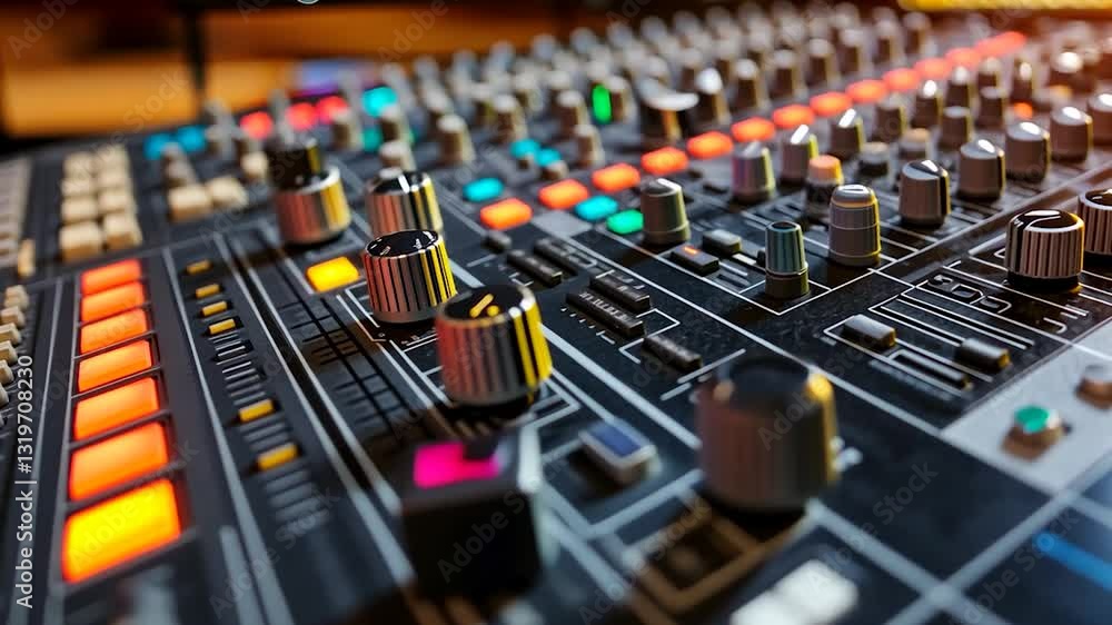 Close-up of a Professional Audio Mixing Console in a Recording Studio