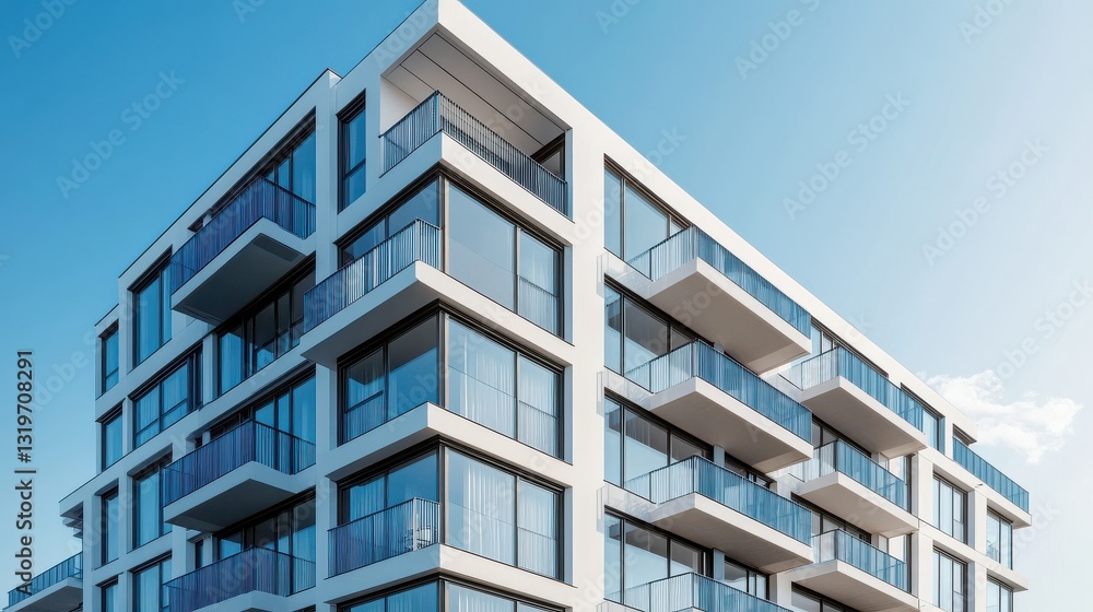 Modern apartment building exterior with panoramic windows and balconies in Scandinavian style under blue sky, showcasing contemporary residential design and urban real estate concept. Modern apartment building exterior with panoramic windows and balconies in Scandinavian style under blue sky, showcasing contemporary residential design and urban real estate concept.