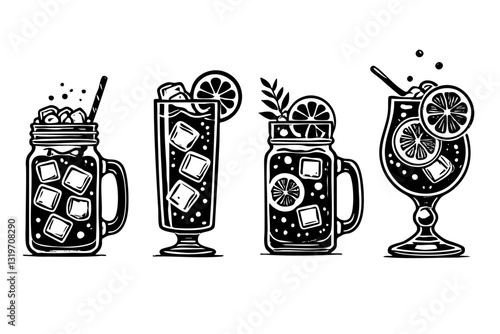 Set of silhouette illustration lemonade with ice. Hand drawn cocktails and summer drinks