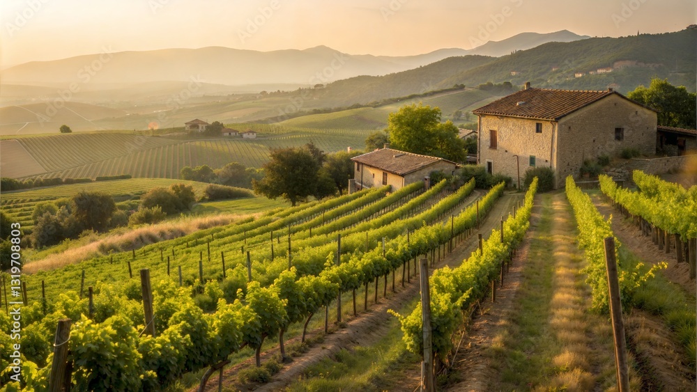 Fototapeta premium Beautiful vineyard landscape at sunset with rolling hills and a rustic house 