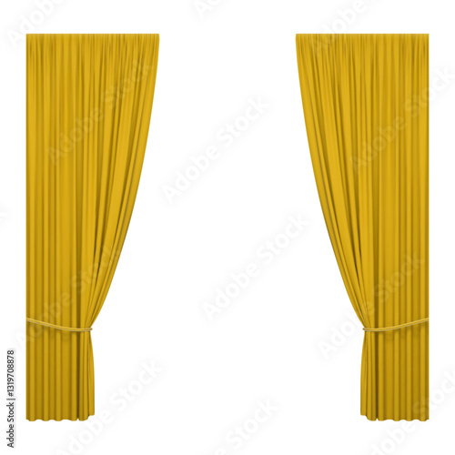 Yellow stage curtains isolated on white background. Realistic open theatrical cinema drapes for interior performance event on theatrical stage or in concert hall. Vector illustration