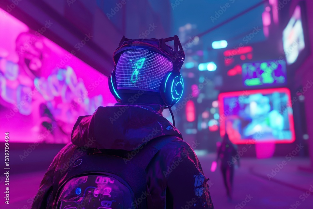 Man in cyberpunk city with neon lights for science fiction illustration, urban exploration, technology concept, nightlife adventure, and creative digital artwork Man in cyberpunk city with neon lights for science fiction illustration, urban exploration, technology concept, nightlife adventure, and creative digital artwork
