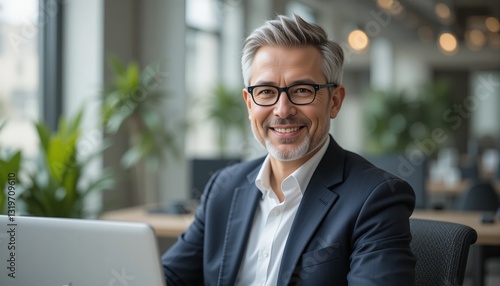 Smiling Businessman in Modern Office with Laptop and Green Plants
