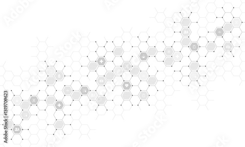 Medical background and healthcare technology with flat icons and symbols. Concept and idea for health care business, innovation medicine, health safety, science, medical research, and development.