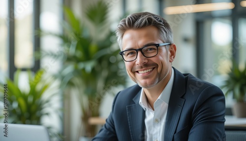 Confident Businessman in Modern Office with Green Plants