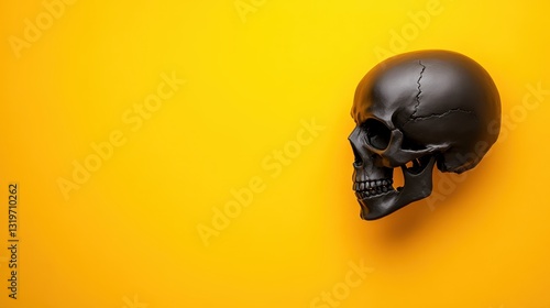 A striking black skull against a vivid yellow backdrop creates a bold visual that speaks to themes of mortality, art, and design imagery with strong contrasts. photo