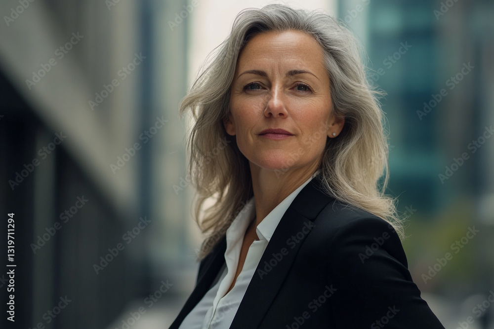Naklejka premium Confident mature businesswoman portrait city background grey hair suit urban style power image photo