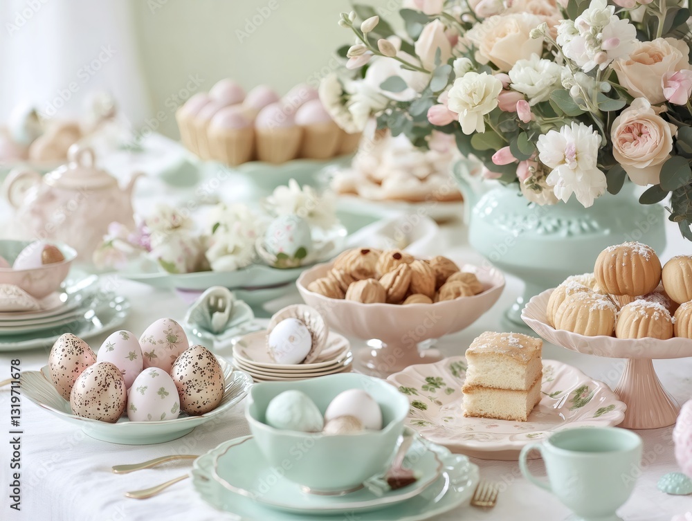 Festive easter table setting with decorated eggs and treats. Generative ai illustrations Festive easter table setting with decorated eggs and treats. Generative ai illustrations