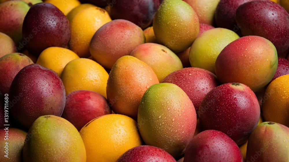 A vibrant collection of ripe mangoes in various colors, showcasing their natural beauty and freshness. A vibrant collection of ripe mangoes in various colors, showcasing their natural beauty and freshness.
