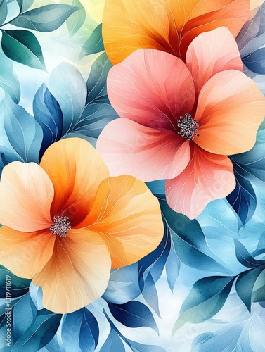 Wallpaper Mural Vibrant floral design featuring intricate synthetic flowers and lush leaves, evoking a sense of tranquility and beauty Torontodigital.ca