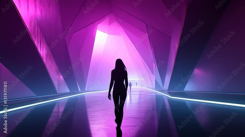 Silhouette Woman Walking Through Futuristic Neon Corridor Silhouette Woman Walking Through Futuristic Neon Corridor