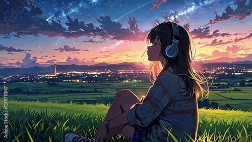 Lofi animation. Seamless loop. Girl listening music watching sky, anime girl lofi animation Assets were created with the help of an AI and then were manually modified and animated.