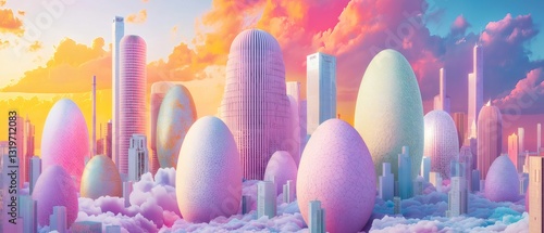 Futuristic cityscape with easter eggs rising above the clouds at sunset. Generative ai illustrations