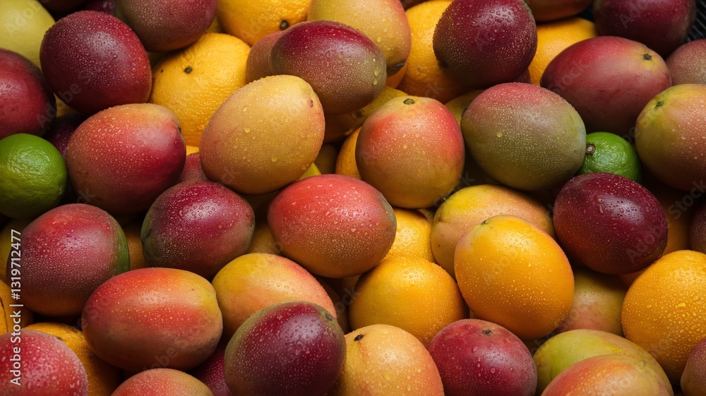 A colorful display of ripe mangoes and citrus fruits, showcasing vibrant hues and fresh texture. A colorful display of ripe mangoes and citrus fruits, showcasing vibrant hues and fresh texture.