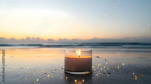 Single Burning White Candle On Sandy Beach At Sunset With Golden Light Reflections Ocean Waves And Colorful Sky
