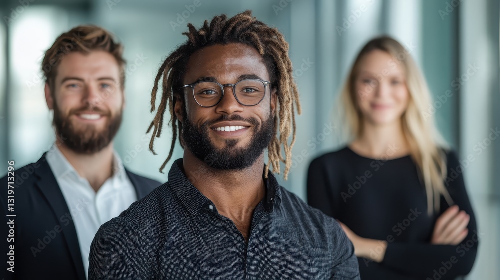 An eye-catching portrait of an attractive man with glasses and dreadlocks, representing individuality and charm in an office setting filled with natural light and modern architecture. An eye-catching portrait of an attractive man with glasses and dreadlocks, representing individuality and charm in an office setting filled with natural light and modern architecture.