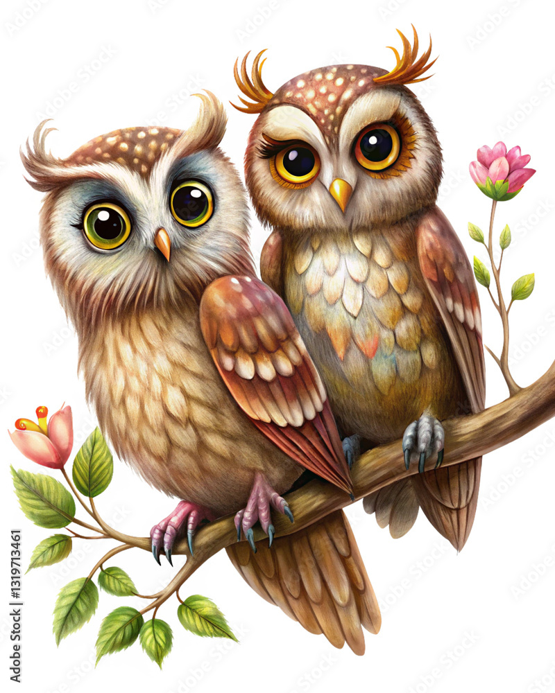 Obraz premium Romantic owl lovebirds perched on a beautifully twisted branch in transparent background