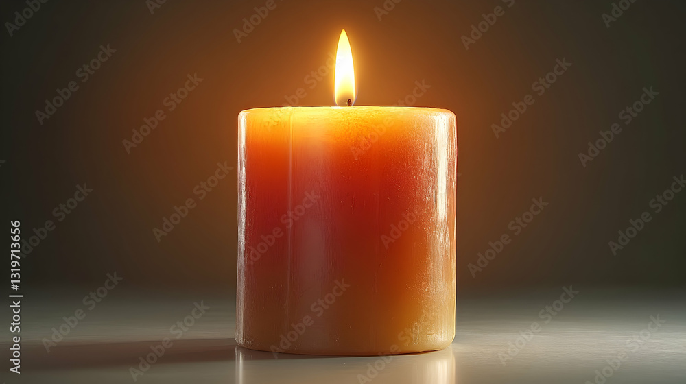 A single, lit, cylindrical candle on a reflective surface. Warm light glows. Simple, serene image A single, lit, cylindrical candle on a reflective surface. Warm light glows. Simple, serene image