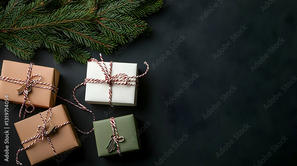 Wrapped Holiday Gifts with Greenery Twine and Festive Decorations on Dark Textured Background Top View Wrapped Holiday Gifts with Greenery Twine and Festive Decorations on Dark Textured Background Top View