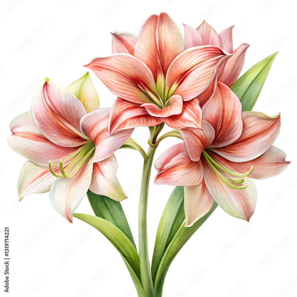 Fototapeta premium Blooming Amaryllis: A stunning illustration of Amaryllis flowers showcasing delicate petals, vibrant colors, and intricate details, perfect for floral-themed designs.
