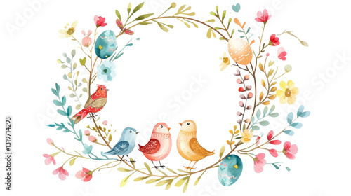 Watercolor easter frame with eggs, bird, flowers and decor elements on transparent. Holiday wreath 