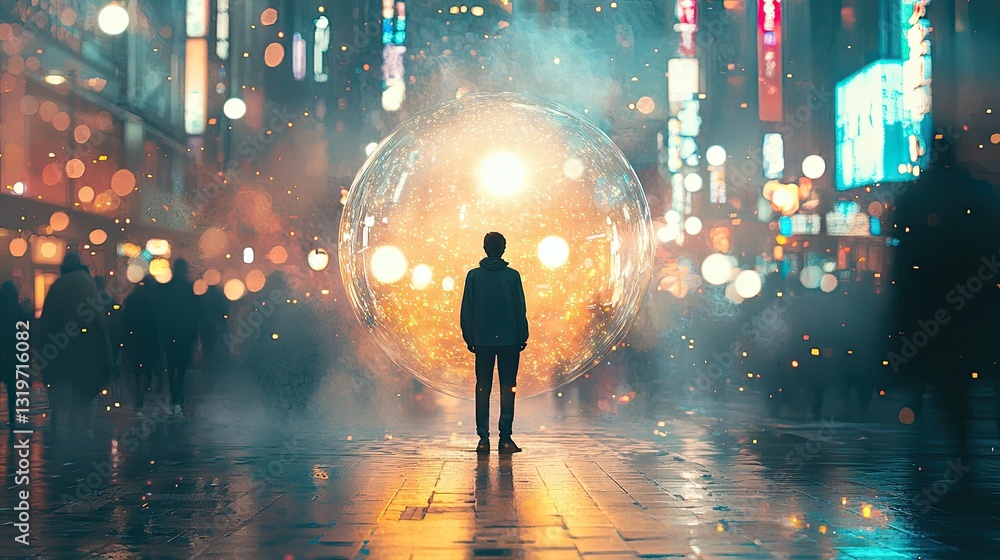 An introverted person standing alone in a bustling city, surrounded by a gentle, protective bubble of soft light An introverted person standing alone in a bustling city, surrounded by a gentle, protective bubble of soft light