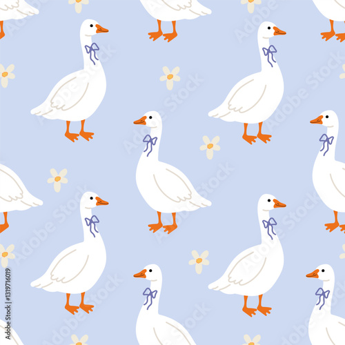 Cute seamless pattern with geese and chamomile in blue background. Spring summer background. Good for printing and wrapping.