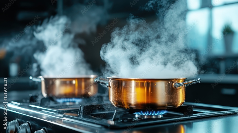 A captivating image of two copper pots bubbling on the stove, surrounded by steam, showcasing the art of cooking and culinary delights in a modern kitchen environment. A captivating image of two copper pots bubbling on the stove, surrounded by steam, showcasing the art of cooking and culinary delights in a modern kitchen environment.