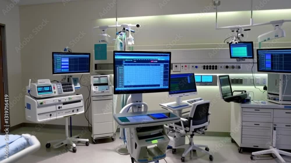 Advanced medical equipment in a modern hospital room equipped with monitors Advanced medical equipment in a modern hospital room equipped with monitors