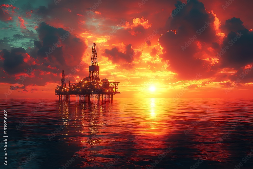 Dramatic Sunset over Offshore Oil Rig Platform in the Ocean Dramatic Sunset over Offshore Oil Rig Platform in the Ocean