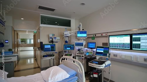 Advanced medical equipment in a modern hospital room equipped with monitors