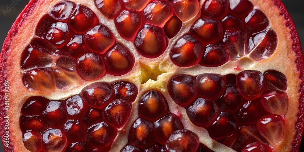 Close-up view of a ripe pomegranate showcasing its vibrant seeds and juicy interior in natural light