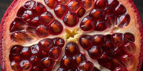 Obraz na płótnie Close-up view of a ripe pomegranate showcasing its vibrant seeds and juicy interior in natural light w salonie