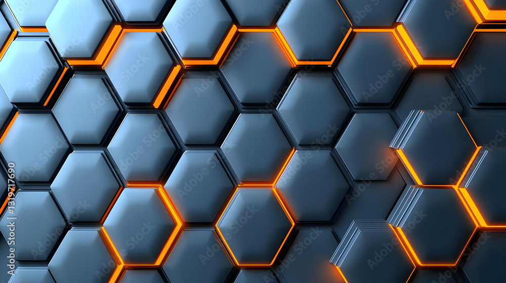 3D Rendered Dark Blue Hexagonal Pattern With Vivid Orange Glowing Edges and Futuristic Technology Background 3D Rendered Dark Blue Hexagonal Pattern With Vivid Orange Glowing Edges and Futuristic Technology Background