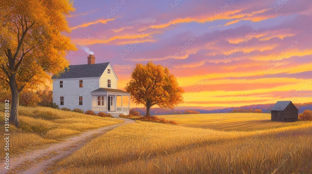 Fototapeta premium Serene countryside scene featuring a quaint house at sunset with vibrant sky and fields