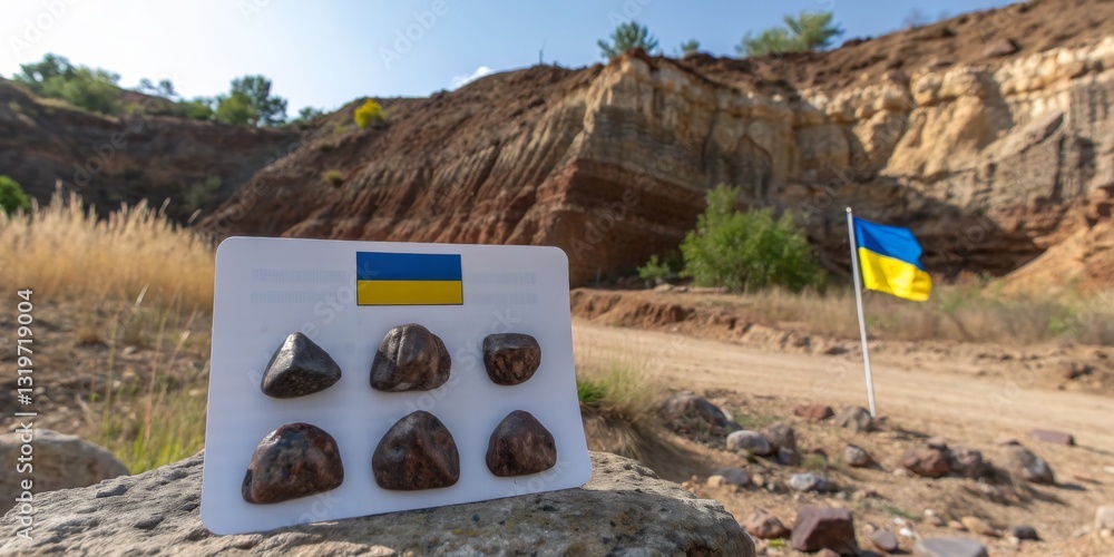Ukrainian flag and polished stones displayed at a geological site during a sunny day