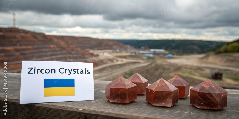 Zircon crystals displayed with the Ukrainian flag at a mining site under a cloudy sky